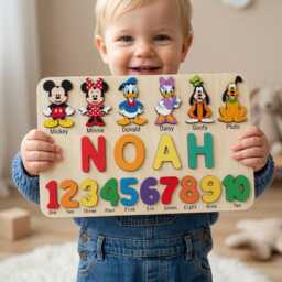 Personalized Mickey Mouse & Friends Wooden Name Puzzle, Custom Baby Puzzle With Numbers, Nursery Decor, First Birthday Gift - thumbnail 1