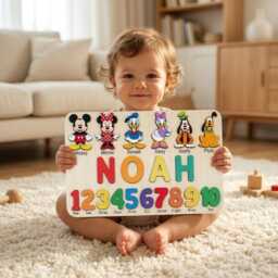 Personalized Mickey Mouse & Friends Wooden Name Puzzle, Custom Baby Puzzle With Numbers, Nursery Decor, First Birthday Gift - thumbnail 2