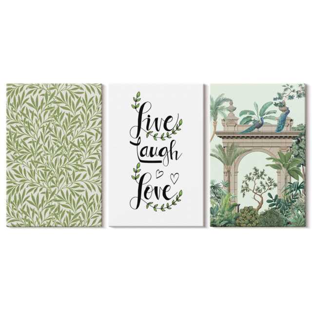 Set Of 3 Canvas Prints - Green Leaves, Texts & Exotic Plants in Architecture, Photo Print, Flowers Wall Decor - image 1
