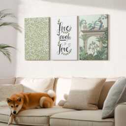 Set Of 3 Canvas Prints - Green Leaves, Texts & Exotic Plants in Architecture, Photo Print, Flowers Wall Decor - thumbnail 3