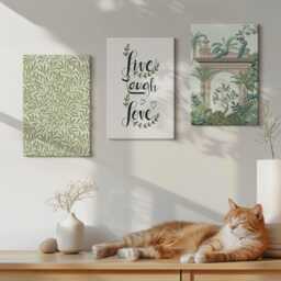 Set Of 3 Canvas Prints - Green Leaves, Texts & Exotic Plants in Architecture, Photo Print, Flowers Wall Decor - thumbnail 2