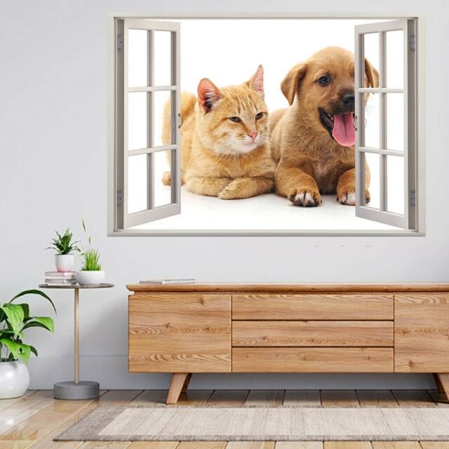 Cat & Dog Isolated 3D Window View Wall Sticker Poster Decal A980 - image 1