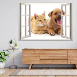 Cat & Dog Isolated 3D Window View Wall Sticker Poster Decal A980 - thumbnail 1