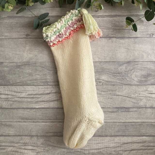 Hand Knitted Christmas Stocking Pastel Rainbow Cuff, Cream Acrylic Yarn - image 1