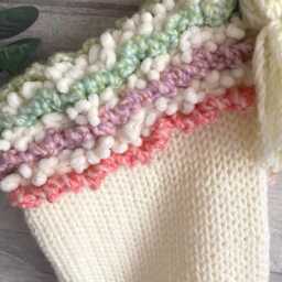 Hand Knitted Christmas Stocking Pastel Rainbow Cuff, Cream Acrylic Yarn - thumbnail 4