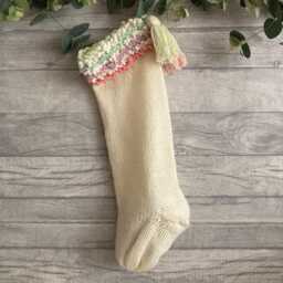 Hand Knitted Christmas Stocking Pastel Rainbow Cuff, Cream Acrylic Yarn - thumbnail 1