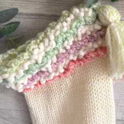 Hand Knitted Christmas Stocking Pastel Rainbow Cuff, Cream Acrylic Yarn - thumbnail 3