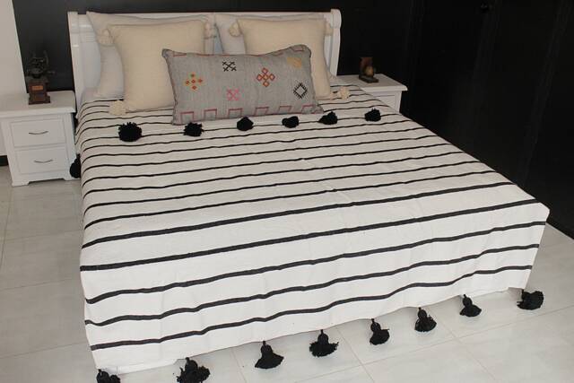 Black & White Moroccan Pom Throw Blanket With Tassels - 100% Hand Woven Cotton Duvet Cover Sofa Couch Bed End - image 1
