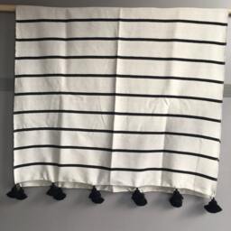 Black & White Moroccan Pom Throw Blanket With Tassels - 100% Hand Woven Cotton Duvet Cover Sofa Couch Bed End - thumbnail 4