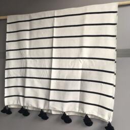 Black & White Moroccan Pom Throw Blanket With Tassels - 100% Hand Woven Cotton Duvet Cover Sofa Couch Bed End - thumbnail 2