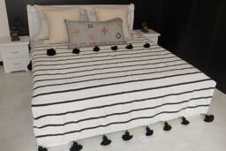 Black & White Moroccan Pom Throw Blanket With Tassels - 100% Hand Woven Cotton Duvet Cover Sofa Couch Bed End - thumbnail 1