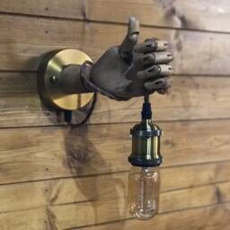 Lamp With 1.5M Lead, Switch & Plug Wooden Vintage Mannequin Hand Lamp, Wall Sconce Edison - thumbnail 3