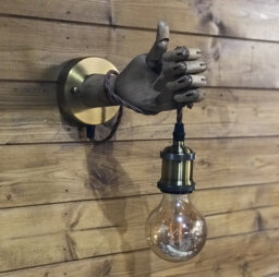 Lamp With 1.5M Lead, Switch & Plug Wooden Vintage Mannequin Hand Lamp, Wall Sconce Edison - thumbnail 1