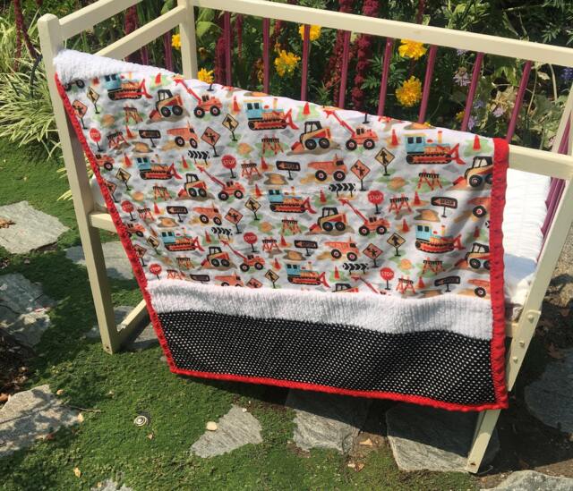 Handmade Modern Baby Minky Blanket Black, White & Red Construction Zone - image 1