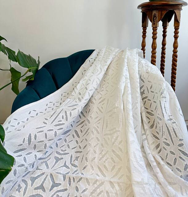Appliqu?? Cotton Bedcover Sofa Room Throw King Size Dohar- Artisan Indian Handmade Exotic - Elegant White Geometric Country Living Home - image 1