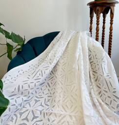 Appliqu?? Cotton Bedcover Sofa Room Throw King Size Dohar- Artisan Indian Handmade Exotic - Elegant White Geometric Country Living Home - thumbnail 1
