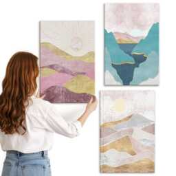 Canvas Set Of 3 - Landscapes With Mountains & Sun, Turquoise Wall Art Canvas, Abstract Hanging Piece