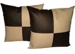 "2 Brown & Cream Check Faux Leather Cushions 16"" 18"" 20" - thumbnail 1