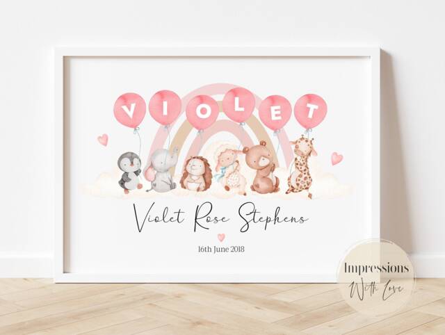 Baby Name Print, Personalised New Girl Gift, Nursery Decor, Sign, Printable Poster, Rainbow, Balloon, Animals, Pink, A4 8x10