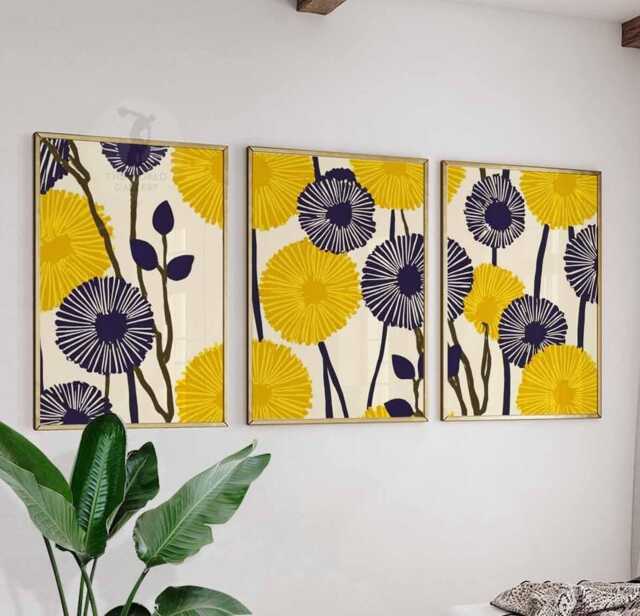 Set Of 3 Yellow Botanical Prints, Modern Abstract Flower Wall Art, Minimalist Poster Trio For Home Decor - image 1