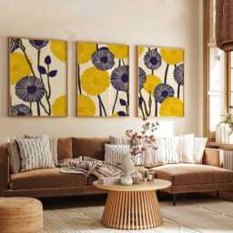 Set Of 3 Yellow Botanical Prints, Modern Abstract Flower Wall Art, Minimalist Poster Trio For Home Decor - thumbnail 2