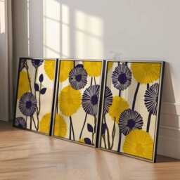 Set Of 3 Yellow Botanical Prints, Modern Abstract Flower Wall Art, Minimalist Poster Trio For Home Decor - thumbnail 3