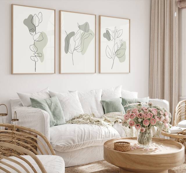 Set Of 3 Prints, Neutral Wall Botanical Bedroom Line, Sage Green Home Decor, Hand Drawn Plants - image 1