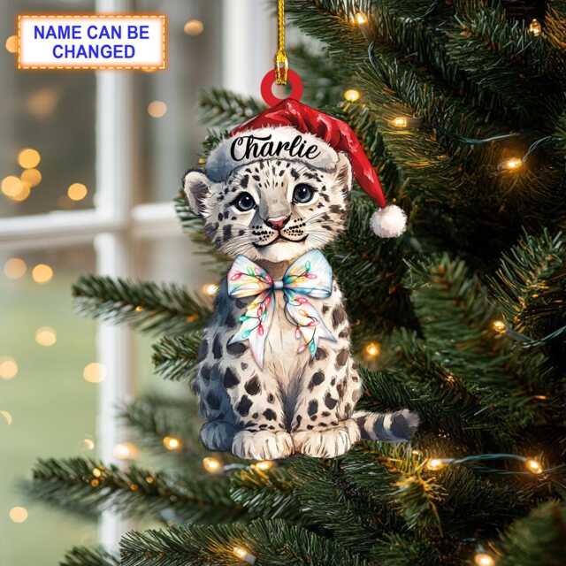 Custom Name Cheetah With Santa Hat & Glitter Bow Lights Leopard Christmas Ornament, Tree Hanging Decor, Flat 2D Ornament - image 1