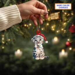 Custom Name Cheetah With Santa Hat & Glitter Bow Lights Leopard Christmas Ornament, Tree Hanging Decor, Flat 2D Ornament - thumbnail 3
