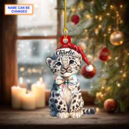 Custom Name Cheetah With Santa Hat & Glitter Bow Lights Leopard Christmas Ornament, Tree Hanging Decor, Flat 2D Ornament - thumbnail 2