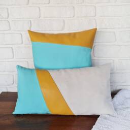 Mid-Century Modern Pillow Cover Yellow Vegan Leather, Mint Cotton - thumbnail 4