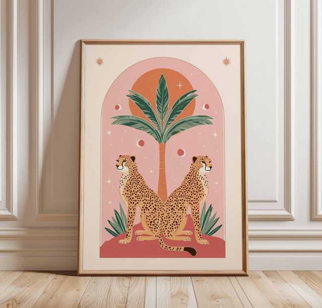 Boho Cheetah Art Print, Mid-Century Modern Animal Poster, Desert Aesthetic Wall Decor, Pink & Orange Gallery Wall, Jungle Decor - image 1