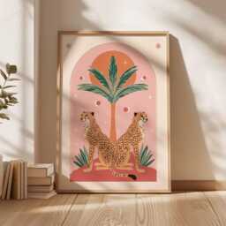 Boho Cheetah Art Print, Mid-Century Modern Animal Poster, Desert Aesthetic Wall Decor, Pink & Orange Gallery Wall, Jungle Decor - thumbnail 3
