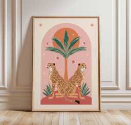 Boho Cheetah Art Print, Mid-Century Modern Animal Poster, Desert Aesthetic Wall Decor, Pink & Orange Gallery Wall, Jungle Decor - thumbnail 1