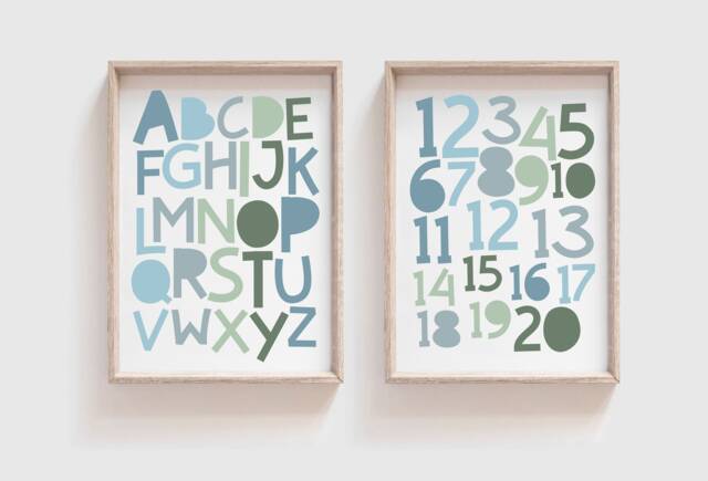 Set Of 2 Alphabet & Number Prints, Boys Blue & Green Playroom Abc Print, Nursery Wall Art, Poster - image 1