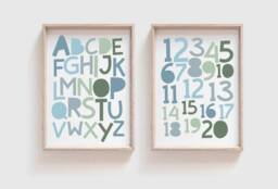 Set Of 2 Alphabet & Number Prints, Boys Blue & Green Playroom Abc Print, Nursery Wall Art, Poster - thumbnail 1