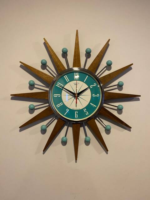 Handmade Mid Century Starburst Clock Teak Rays, Turquoise Welby Dial - image 1