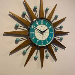 Handmade Mid Century Starburst Clock Teak Rays, Turquoise Welby Dial - thumbnail 2