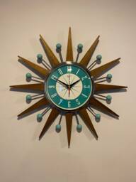Handmade Mid Century Starburst Clock Teak Rays, Turquoise Welby Dial - thumbnail 1
