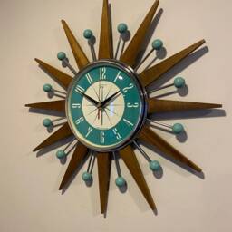 Handmade Mid Century Starburst Clock Teak Rays, Turquoise Welby Dial - thumbnail 3