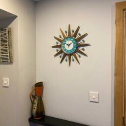 Handmade Mid Century Starburst Clock Teak Rays, Turquoise Welby Dial - thumbnail 4