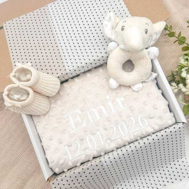 Embroidered Beige Blanket & Rattle Booties Gift Set Personalised - Baby Boy Girl Unisex Babyshower Newborn Coming Home - image 1