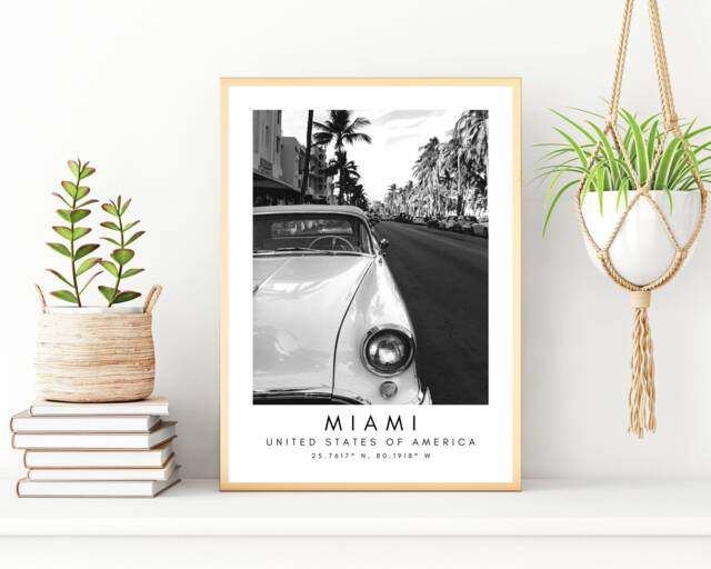 Miami South Beach Print Black & White Palm Trees, Vintage Car - image 1