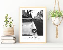Miami South Beach Print Black & White Palm Trees, Vintage Car - thumbnail 1