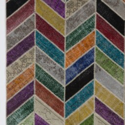 Multicolor Zigzag Patchwork Rug Hand-Knotted Turkish Wool - thumbnail 4