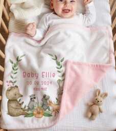 Personalised Woodland Baby Blanket With Name & Date - New-Born Custom Birth Stat Keepsake Cushion - thumbnail 1