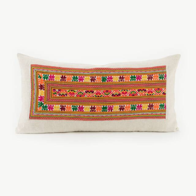 Hill Tribe Textile Lumbar Pillow Cushion Handwoven Tribal Fabric Striped Orange Embroidered Hemp #idpa - image 1