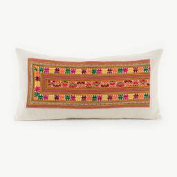 Hill Tribe Textile Lumbar Pillow Cushion Handwoven Tribal Fabric Striped Orange Embroidered Hemp #idpa - thumbnail 4