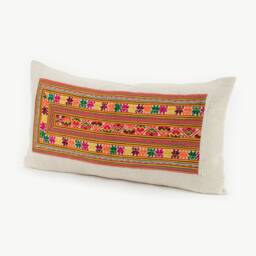 Hill Tribe Textile Lumbar Pillow Cushion Handwoven Tribal Fabric Striped Orange Embroidered Hemp #idpa - thumbnail 3