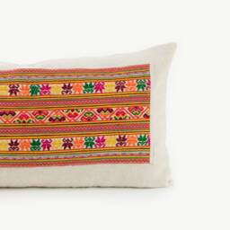 Hill Tribe Textile Lumbar Pillow Cushion Handwoven Tribal Fabric Striped Orange Embroidered Hemp #idpa - thumbnail 2